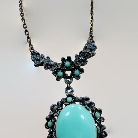 Art Deco Necklace, Robins Egg Blue, Pot Metal, Mixed Metal, Flowers, Box Clasp - Picture 4 of 8